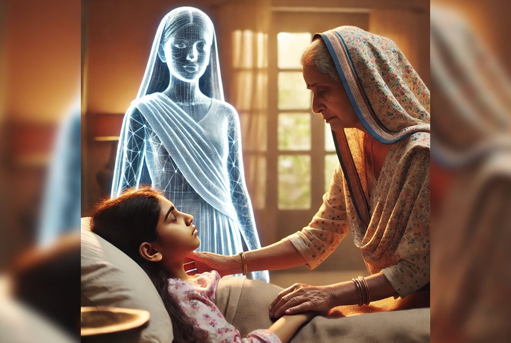 A South Asia mother -est tends to her sick daughter in bed, while a transparent and bright figure is nearby and advising.